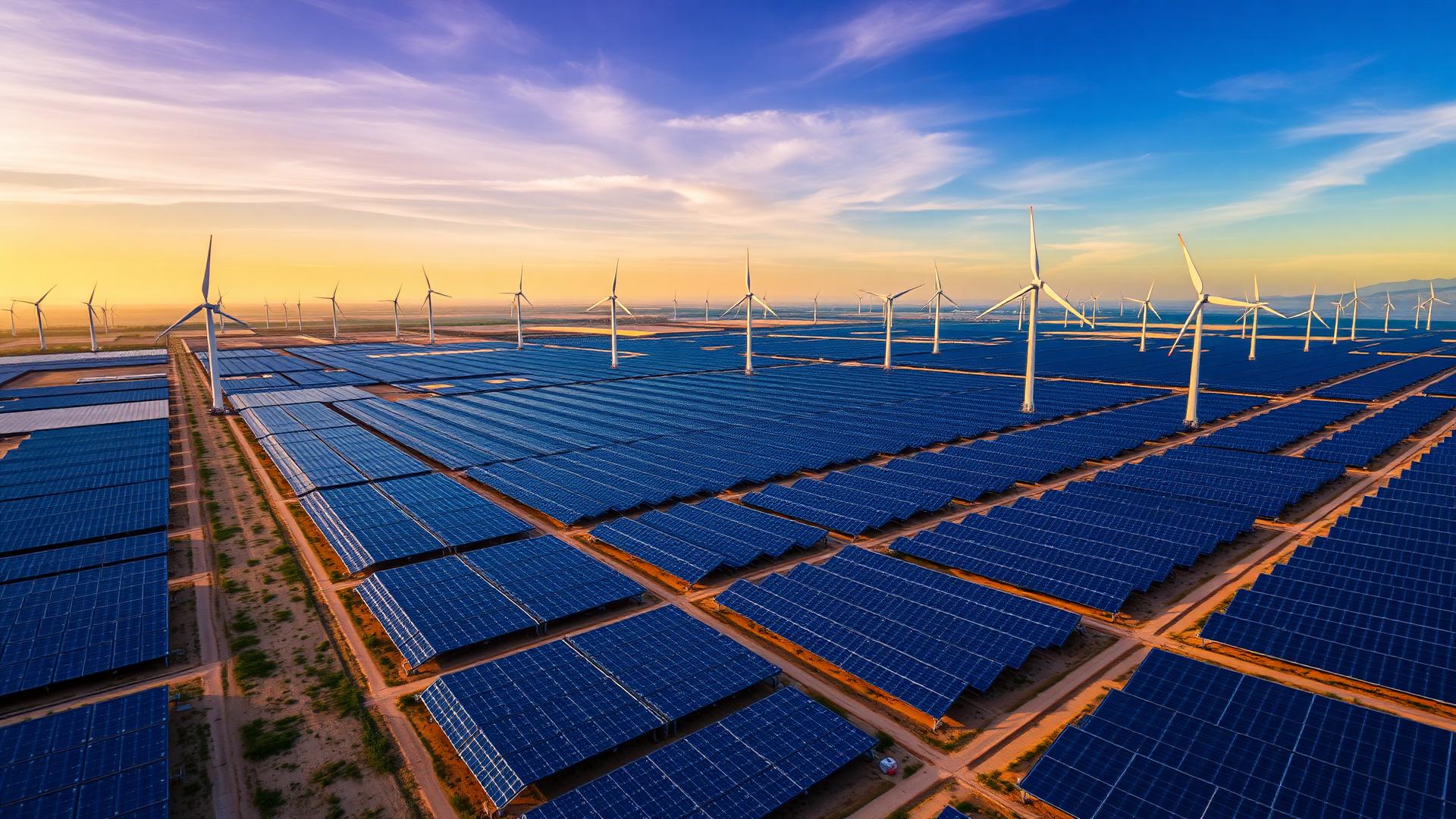 Solar farm with wind turbines at sunset